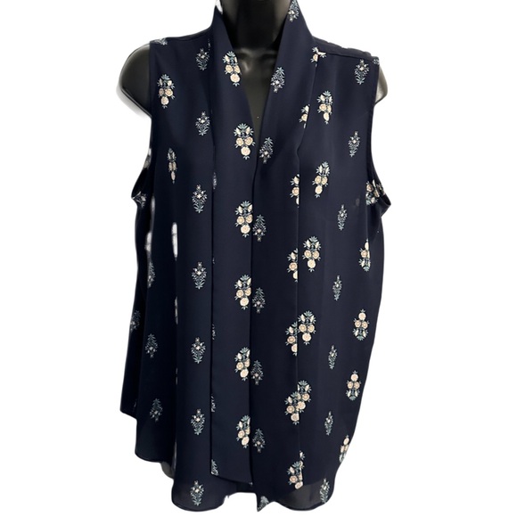 Ann Taylor L navy blue floral sleeveless blouse w neck tie - Picture 7 of 11